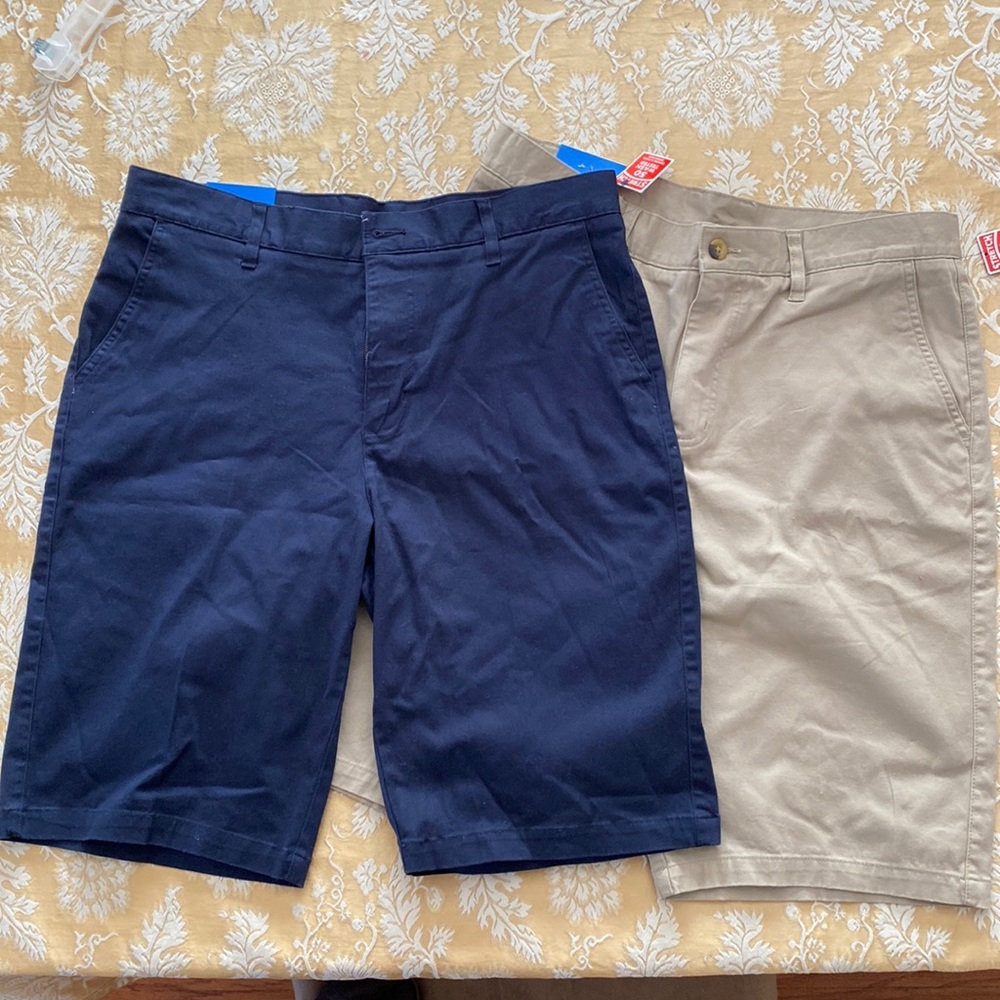 French toast uniform/work shorts mens size 34 sold as a pair 1 blue 1 beige